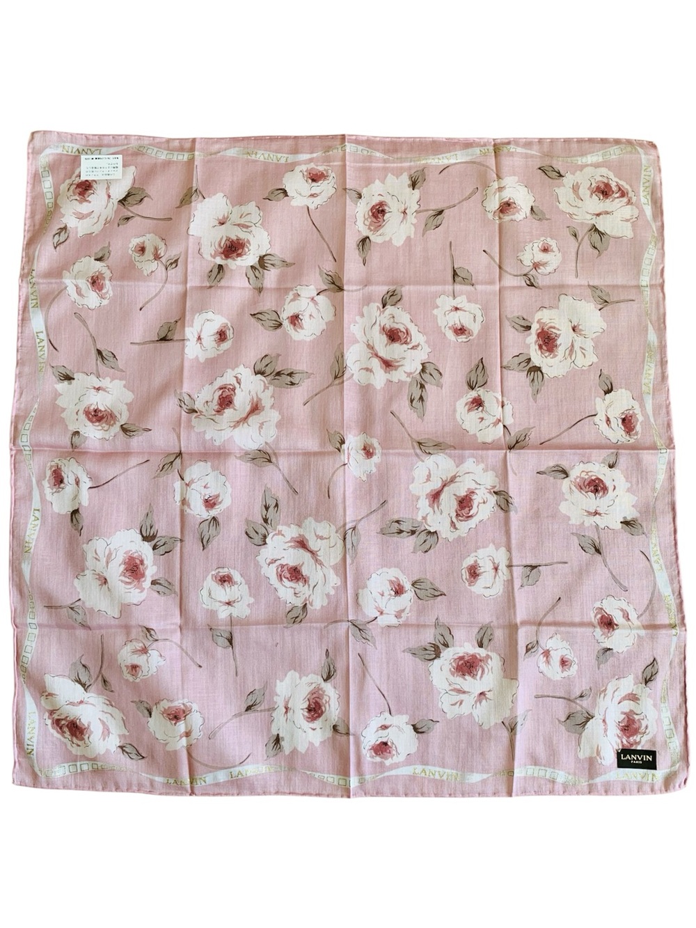 LANVIN Paris NWT Floral Handkerchief 18.5" Square Pink Rose Cotton Made in Japan
